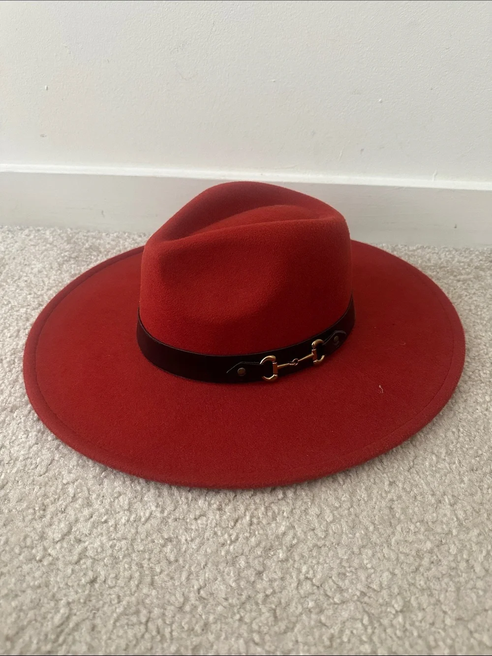 Red Wide Brim Wool Fedora Hat with Leather Band